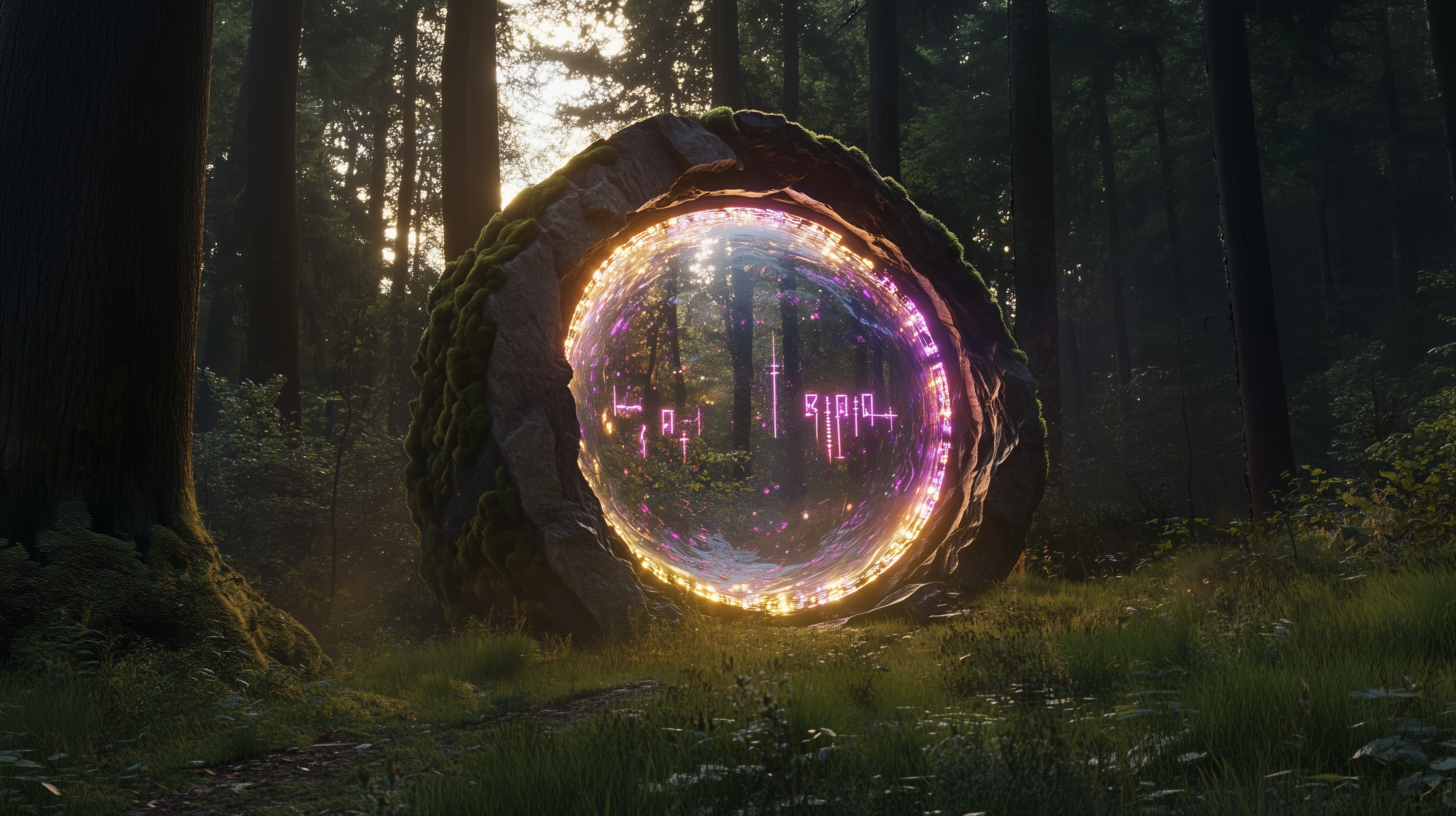 AI-rendered concept of the soap-bubble portal — an apparently ancient stone ring with glowing runes and an iridescent membrane stretched across the opening, in a forest glade. A speculative vision of what the installation might look like once built.